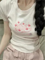Cherry Cake Print Sweet Cute Summer T-shirts 2024 New Round Neck Ribbed Short Sleeve Tees Female Casual Tight Tshirt Tops Y2K