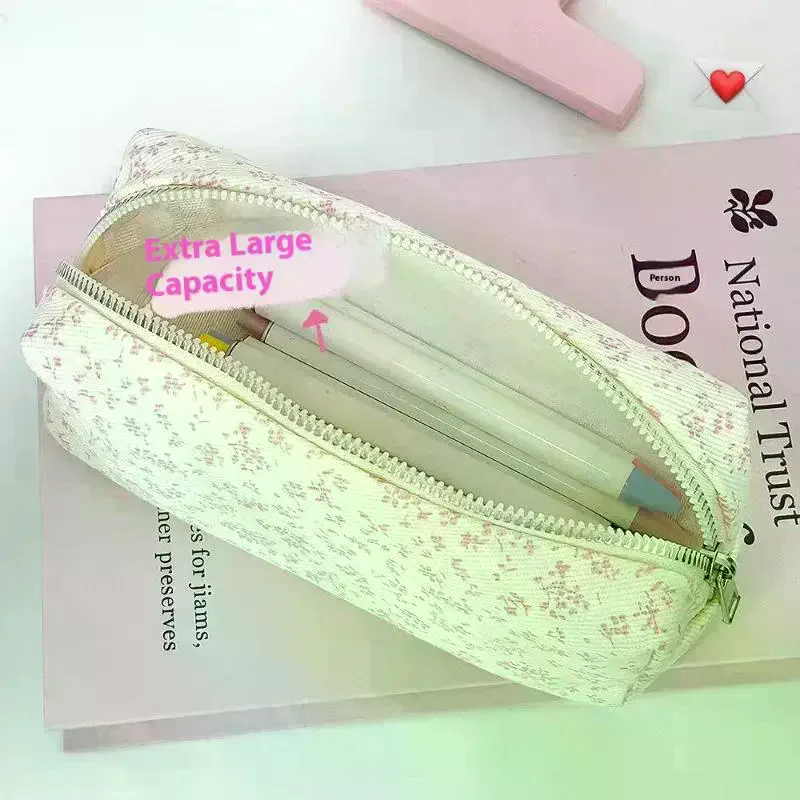 1Pcs Large Capacity Pencil Pouch Pink Small Floral Pencil Case Handheld Pen Bag Cosmetic Portable Gift For Office School Teen