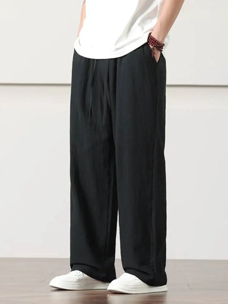 

Summer Thin Breathable Linen Cotton Casual Pants Men's Loose Wide Leg Straight Cut Trousers Comfortable Lightweight orts