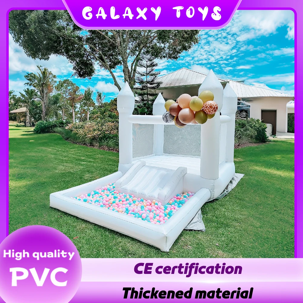 

Надувной батут-замок белого цвета с горкой и бассейном с шариками, идеально подходит для детских праздников, уличное игровое оборудование с воздуходувкой