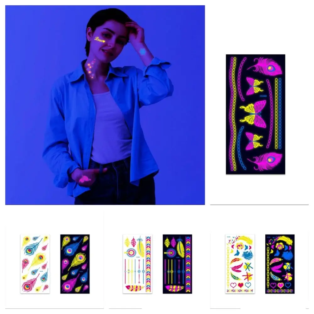 

Светящиеся в темноте поддельные татуировки, временные светящиеся татуировки на лице, руке, наклейки с перьями, водонепроницаемые украшения, наклейки для женщин и мужчин