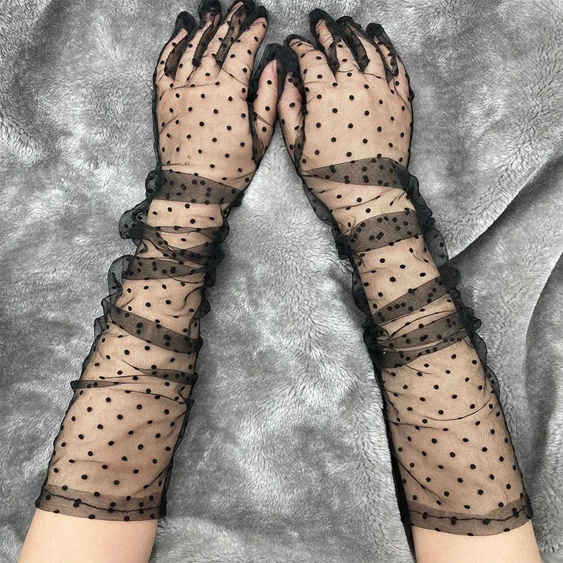 Fashion Dot Lace Long Gloves Female Elegant Stretch Tulle Mesh Semi Sheer Women Full Finger Mittens Bride Wedding Black Golves