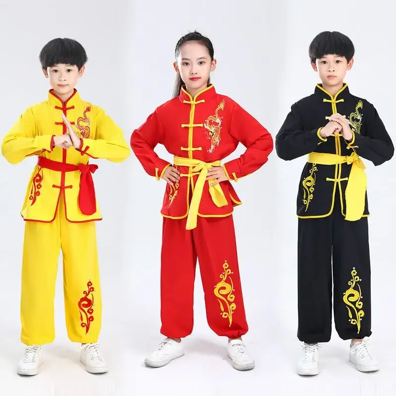 Fato infantil bordado em artes marciais, uniforme de Kung Fu, roupa de treino Wushu, performance infantil, estilo chinês, 2024