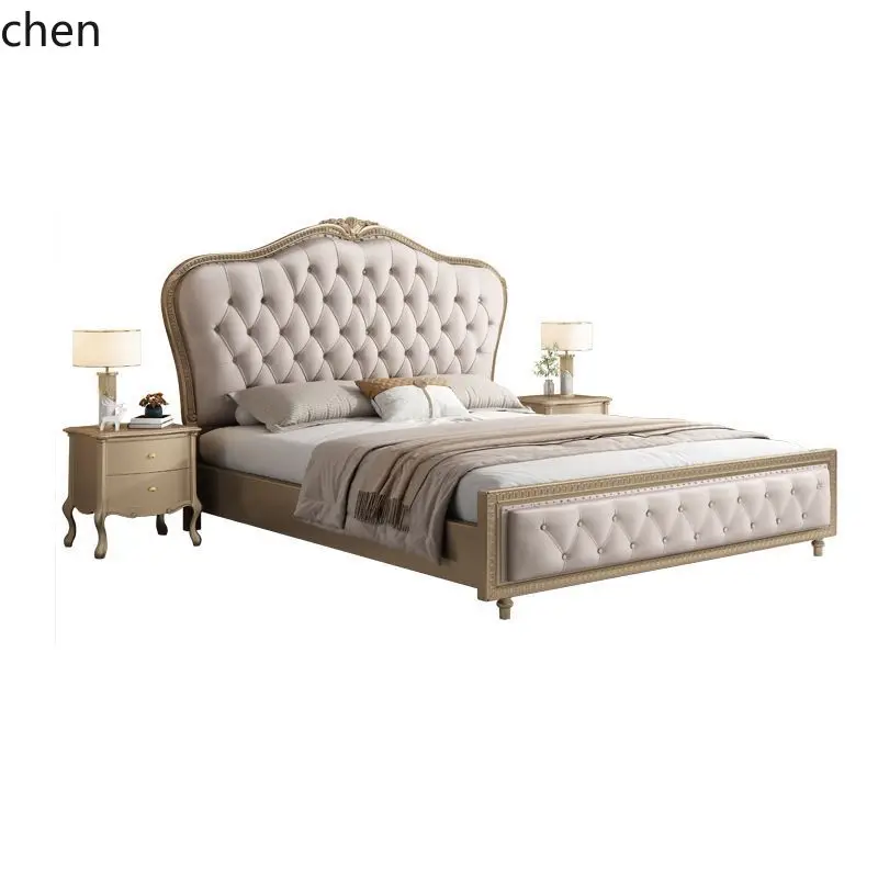 HT  Solid Wood Double Bed Modern Bedroom Leather Bed 1.5m