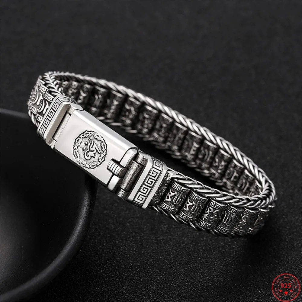 

S925 Sterling Silver Charm Bracelets Popular Six Syllable Mantra Prayer Wheel Woven Hand Chain Pure Argentum Buddhist Amulet Men