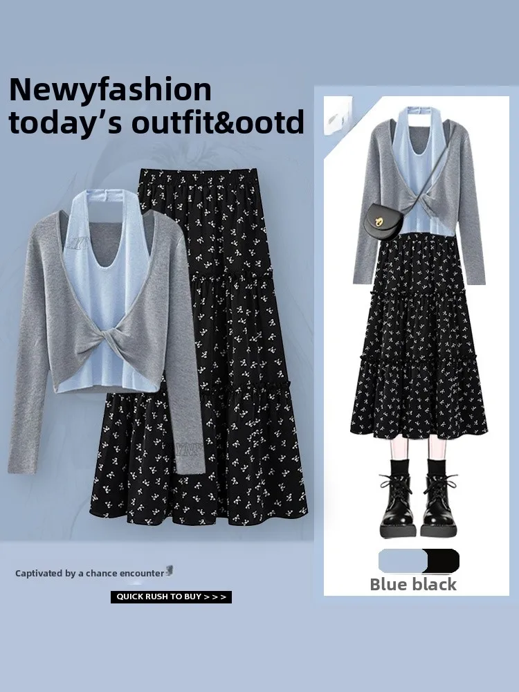 

Color Block Hollow out Knitted Top High Waist Floral Skirt Set Early Autumn Fashion Ensemble Hollow out Design Half Body Skirt