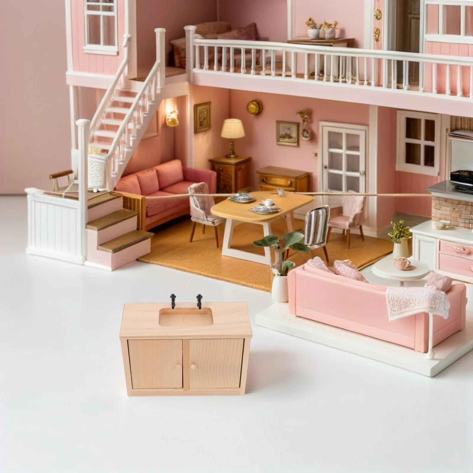 เฟอร์นิเจอร์ห้องน้ำจิ๋ว 1:12 ตู้อ่างล้างหน้าไม้สำหรับตกแต่งบ้านตุ๊กตา อ่างล้างจานในครัว ตู้จิ๋ว ห้องน้ำบ้านจำลอง