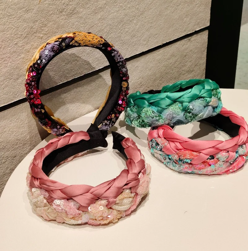 

Двухцветная плетеная повязка для волос с шелковой сеткой и пайетками, широкая повязка на голову для повседневного использования, путешествий, умывания, украшение для волос