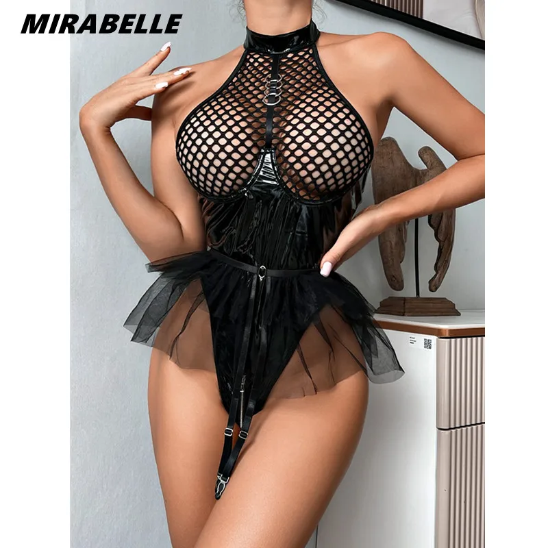 MIRABELLE Porn Fishing Net Latex Bodysuit Ruffle Garters Halter Sexy Costume One-Piece Zipper Open Crotch Leather Body Teddy