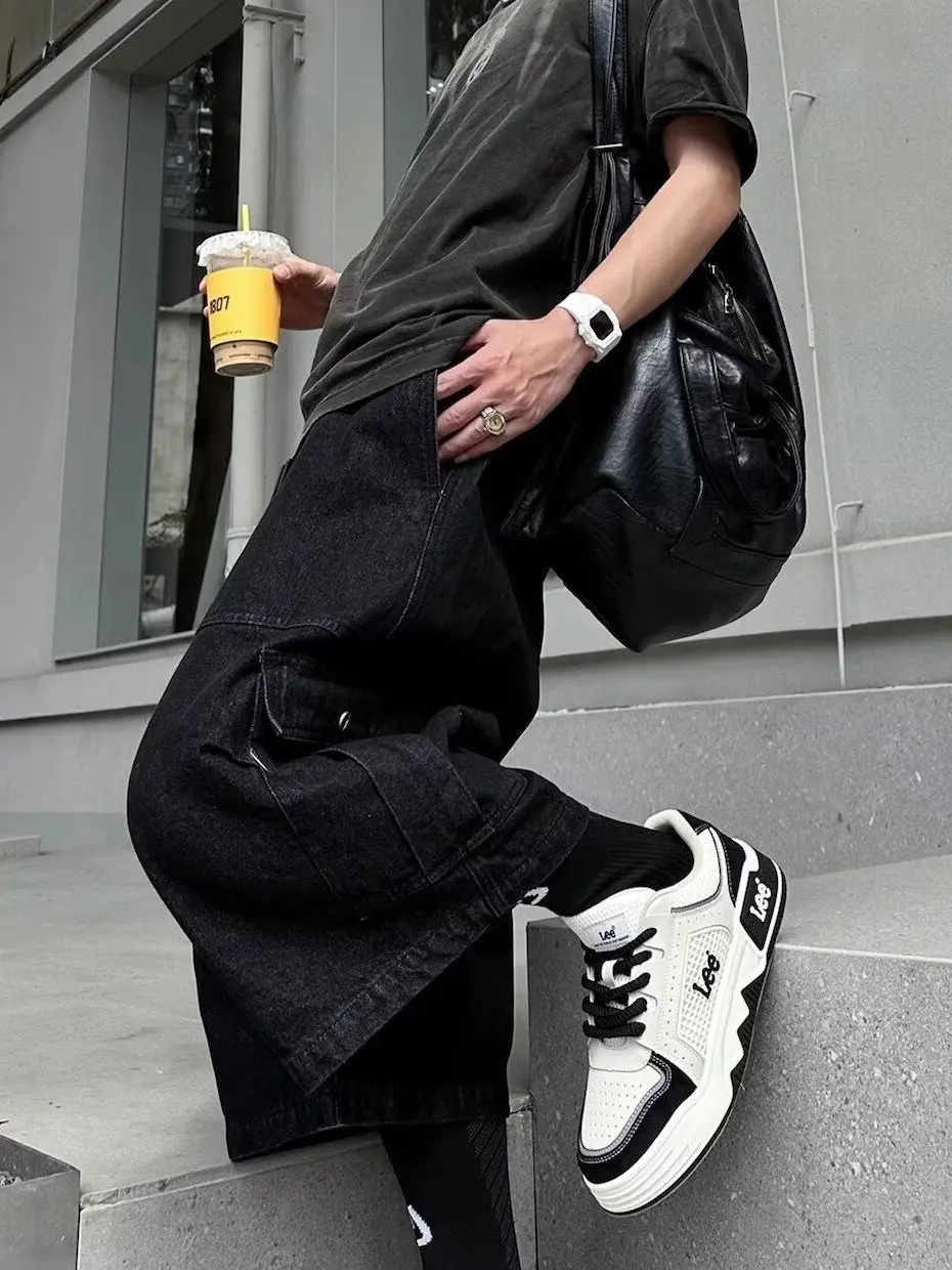 Trendy Japanese Streetwear Workwear orts Men's Summer Loose Casual Wide Leg Seven-Foot Pants with Big kets Faionable