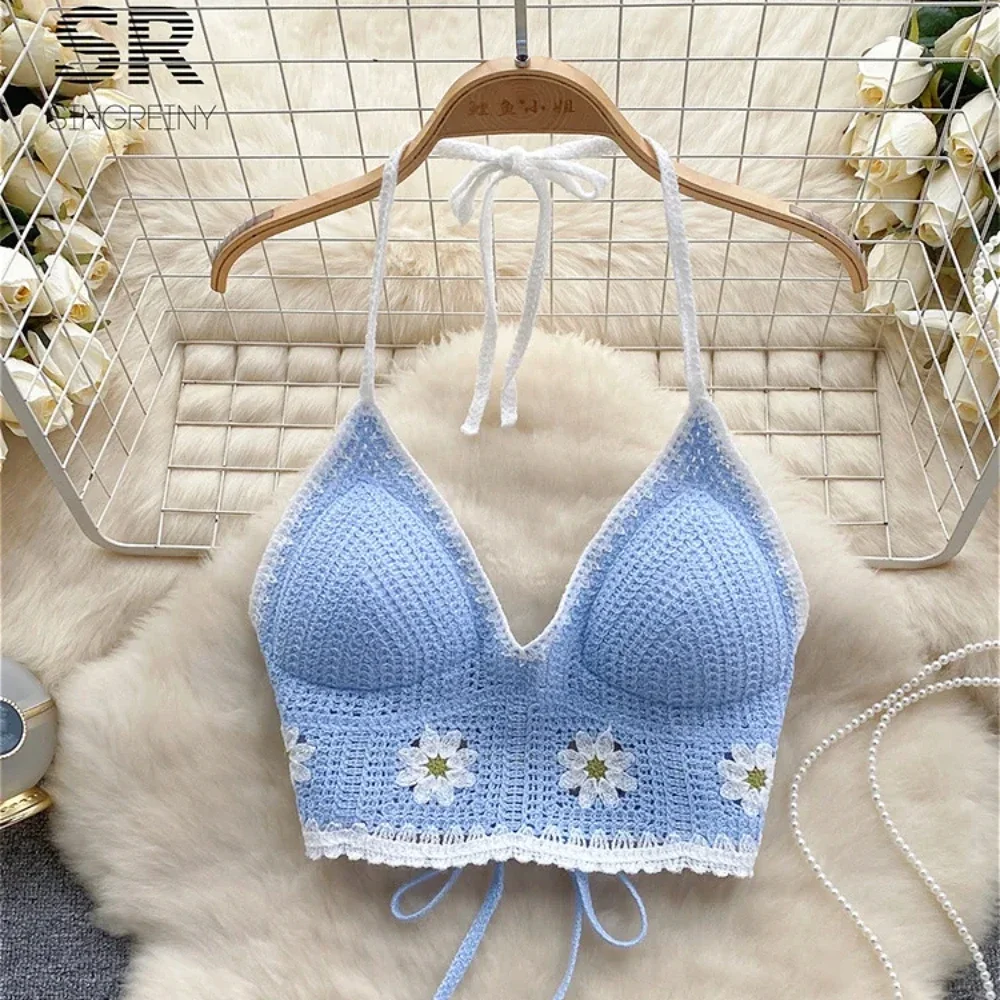 

Floral Hook Knit Hanging neck vest and suspender Camisole Elegant Backless Fashion Vacation Ladies Summer Bikini Sexy Beach Bra