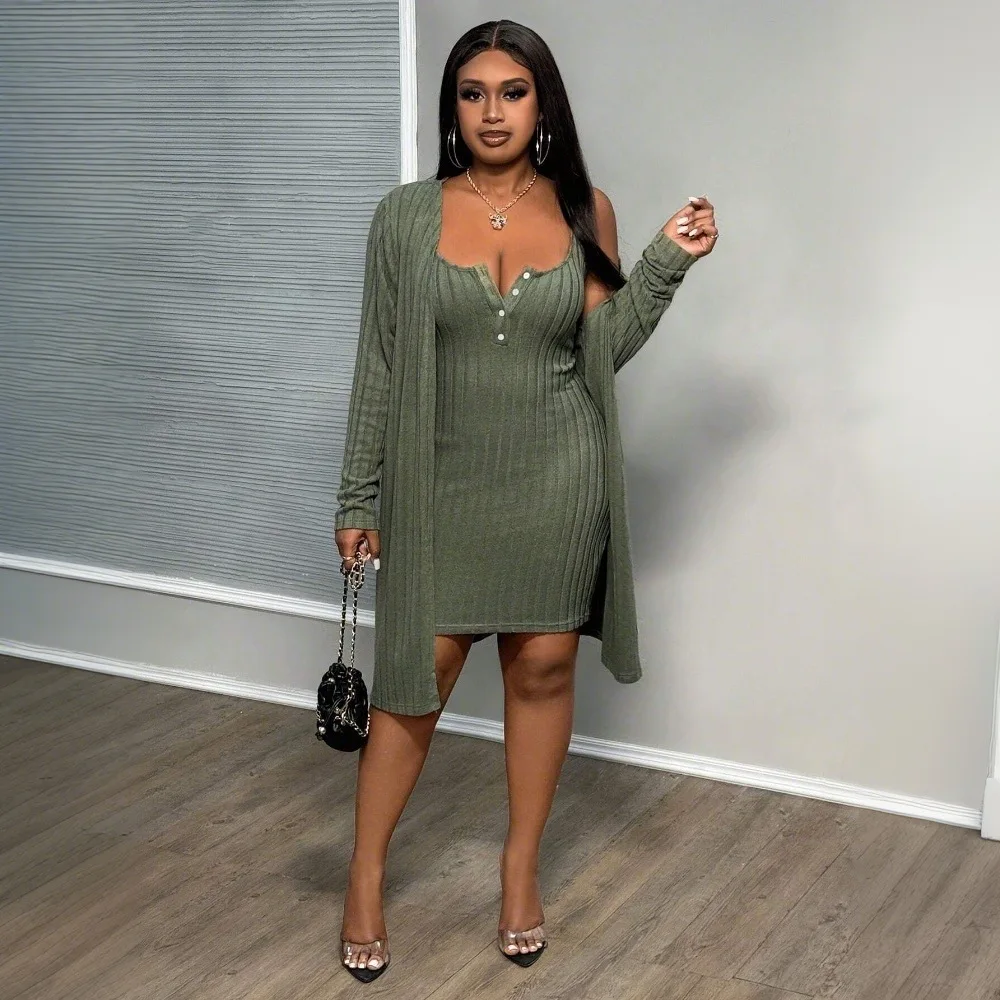 Two Piece Sets Women Dress Set Mid Length Dresses Matching Sets Sling V Neck Vestidos Coats Open Stitch Y2k Streetwear Elegant