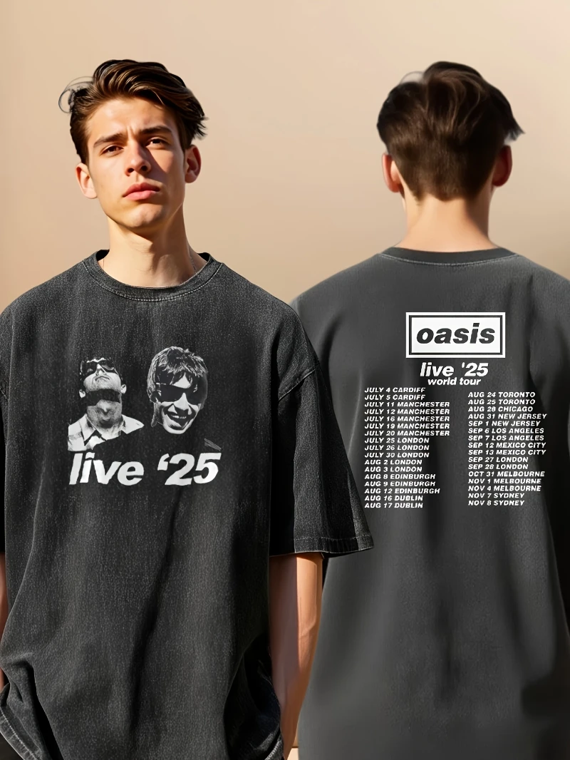 الرجال والنساء OASIS Live 25 2025 ريترو الصيف قصيرة الأكمام غسلها تي شيرت بالتأكيد ربما ألبوم فرقة الروك نمط الشارع