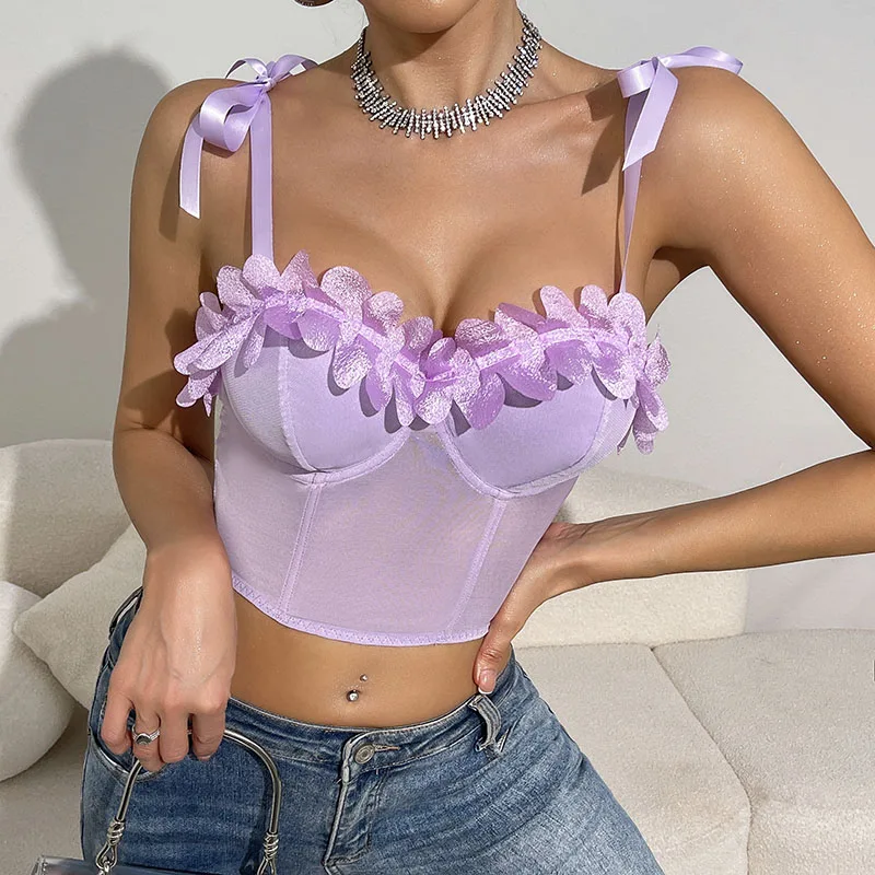 2025, modische neue Damen-Dessous-Kleidung, Spitze, durchsichtig, sexy Comicsole, rückenfrei, Fishbone-Crop-Top, florales Grafik-Neckholder-Korsett
