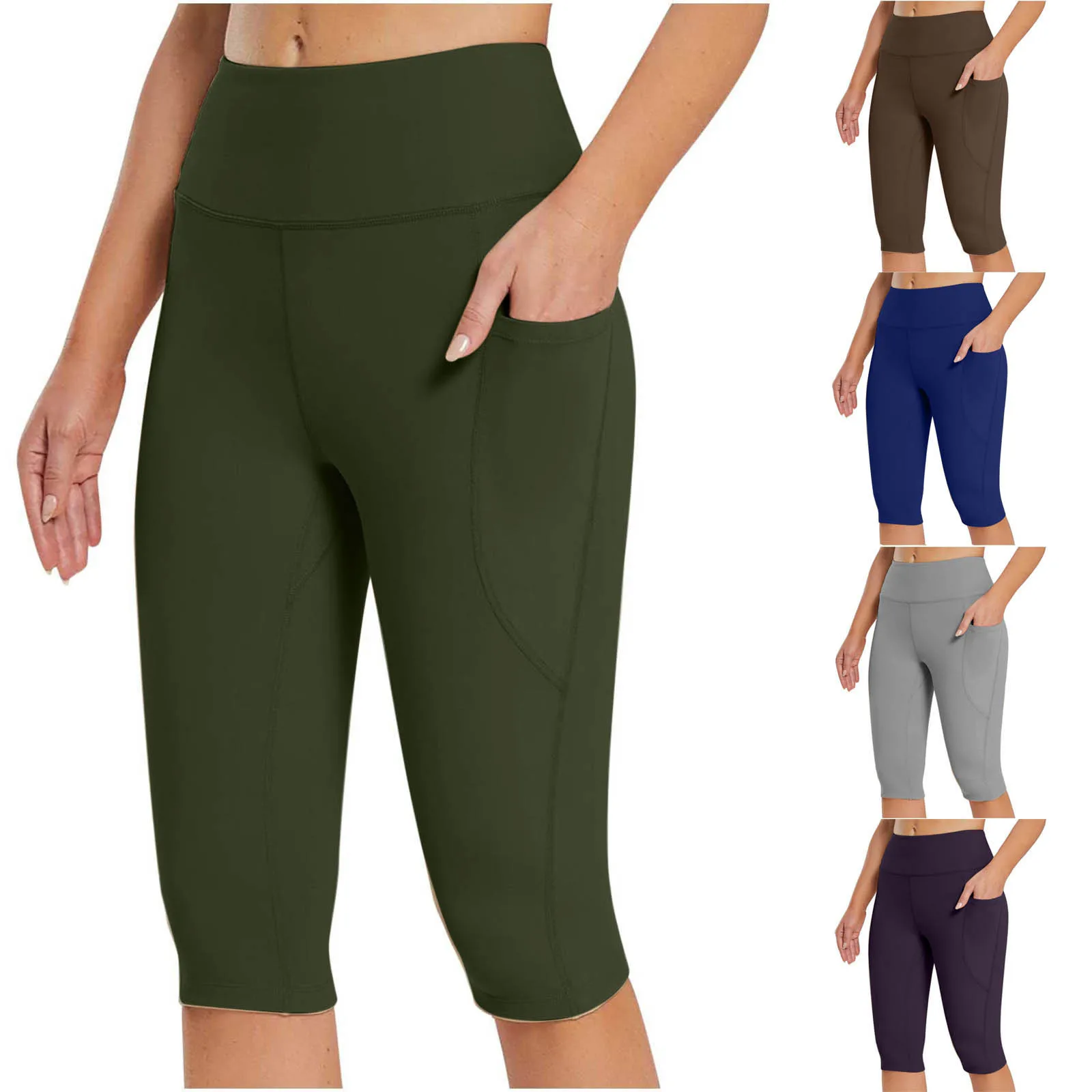 2026 Summer Women’s Solid Color Yoga Capri Pants Pocket 3/4 Length Workout Leggings for Fitness Running Gym XXL Size Outerwear