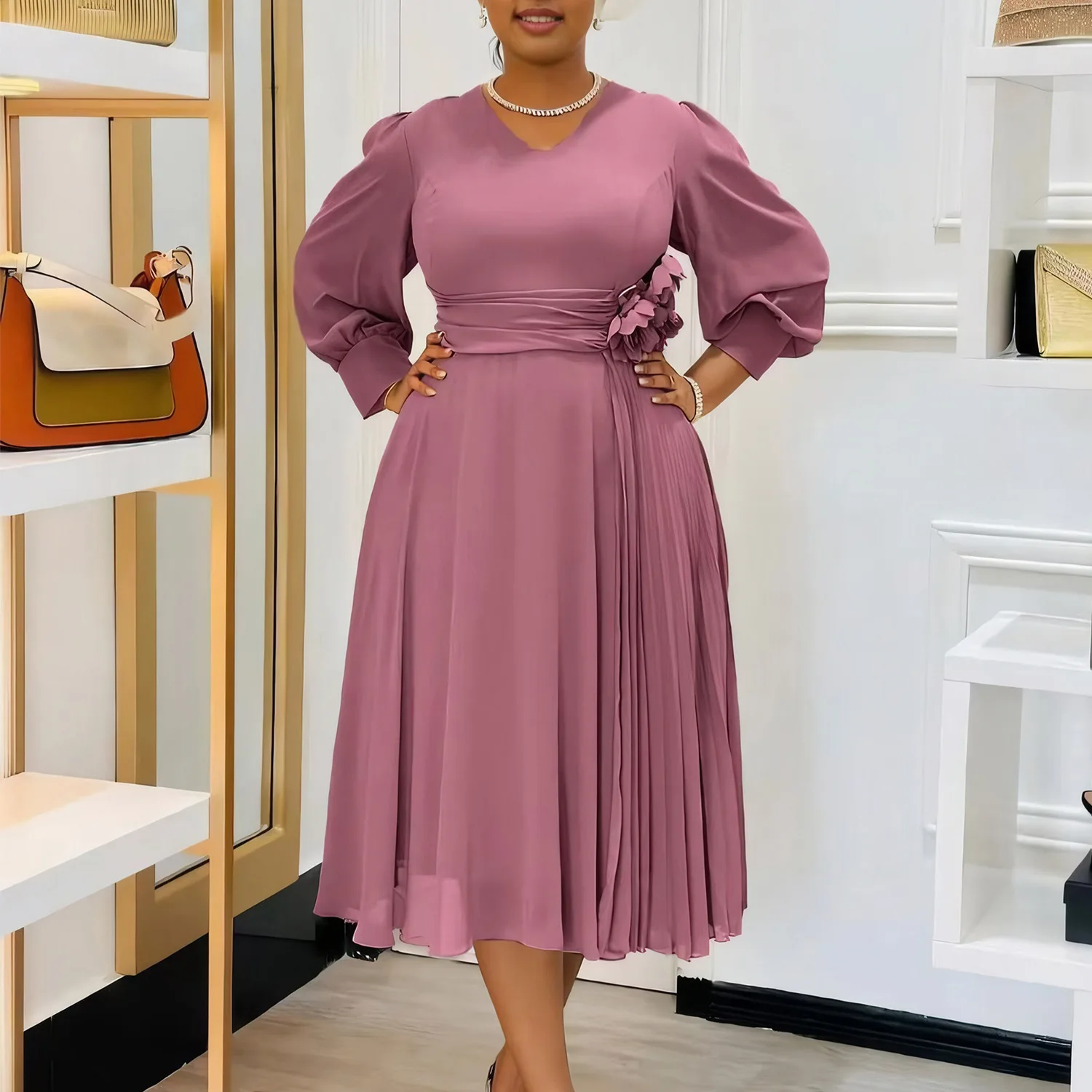 

Spring Summer Fashion Solid Dress African Women V-neck Lantern Long Sleeved High Waisted A-line Dress Elegant Dress Women