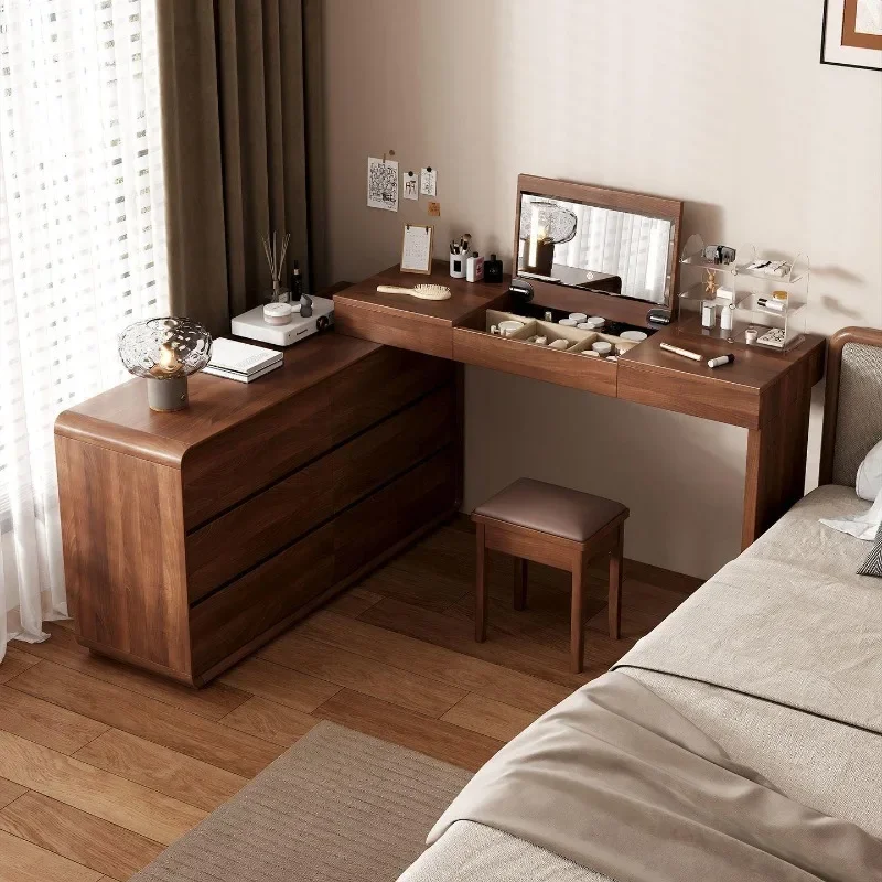 Solid wood dresser chest integrated modern bedroom simple makeup table antique storage cabinet flip hidden mirror