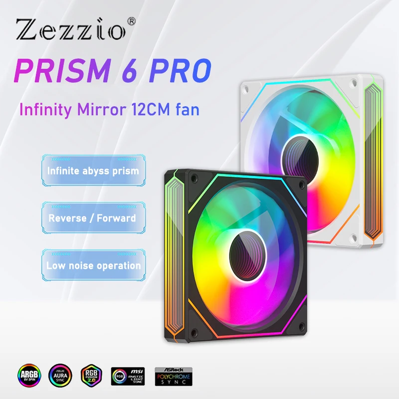 

Вентилятор шасси Zezzio Prism 6 PRO, 12-сантиметровый трехсторонний зеркальный охлаждающий вентилятор для компьютера, 5 В, 3 контакта, для материнской платы, с синхронизацией освещения, 4 контакта, PWM