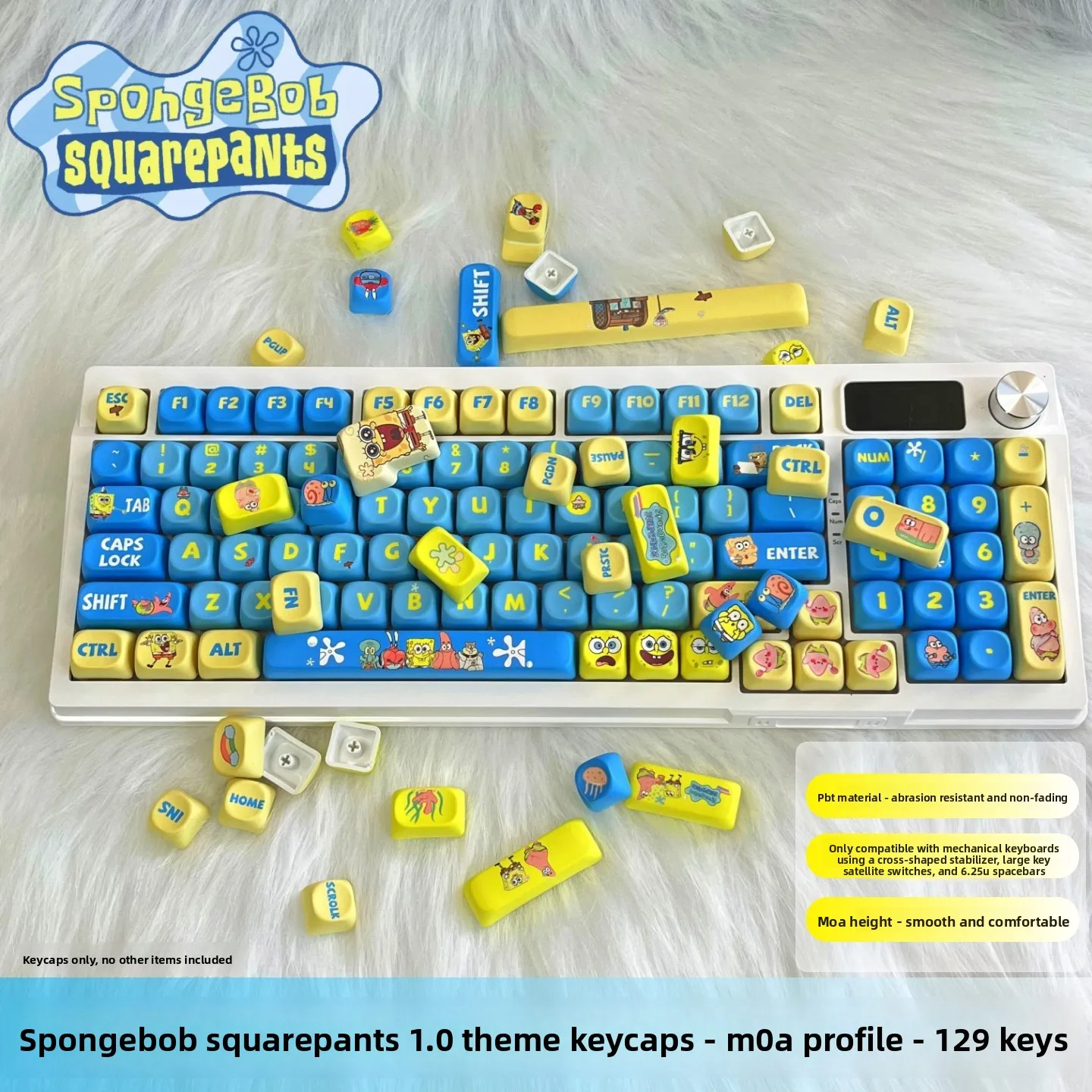 

2026 New SpohgeBob Mao Keycap Set 120 Key PBT Cute Blue Personalized Keyboard Cap MOA Profile Key Cap for Mechanical Keyboard