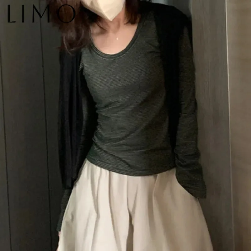 

LIMO Eco винтажная полосатая футболка с длинными рукавами офисная рабочая одежда устойчивая хлопковая блузка минималистичный повседневный топ осень-весна