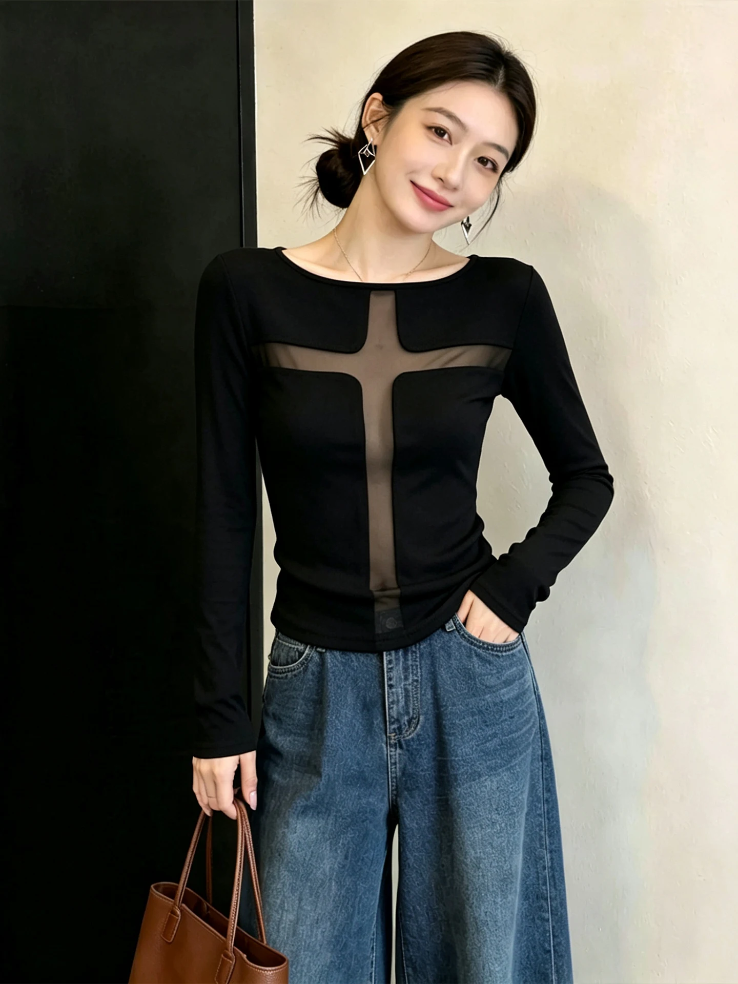 plus Size Mesh Base Shirt Women's Cross See through Two Sided Early Autumn Spicy Girl Top American Style Long Sleeve round Neck