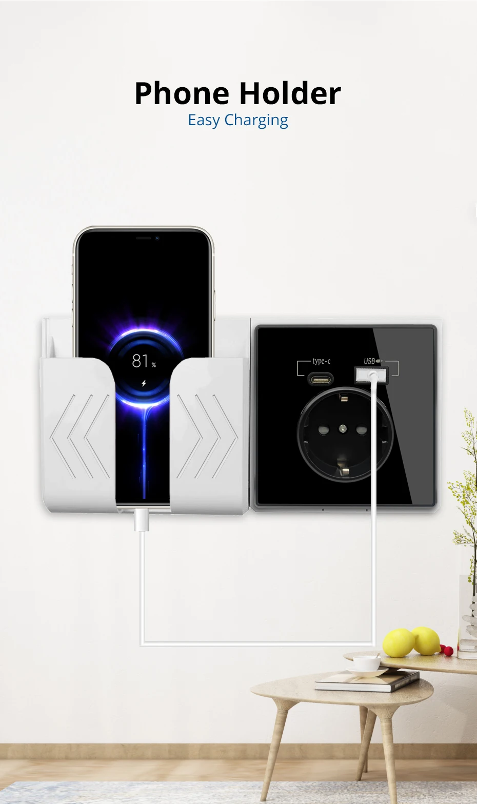 20W PD Typ-C A Schnittstellen-Steckdose Acryl-Spiegel-Kristallplatte Schwarze Wandsteckdose EU Russland Spanien Frankreich mit USB-Ladegerät-Halterung – Detail 4