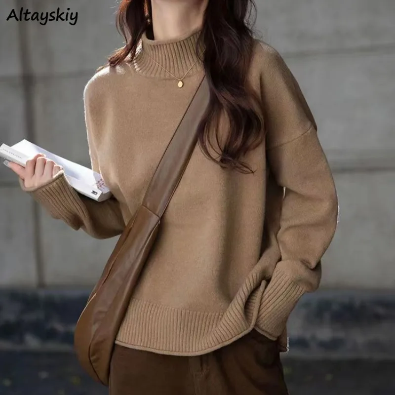

Pullovers Women Autumn Basic Inner Solid Simple All-match Turtleneck Baggy Cozy Tender Sweater Lazy Vibe Korean Style Minimalist