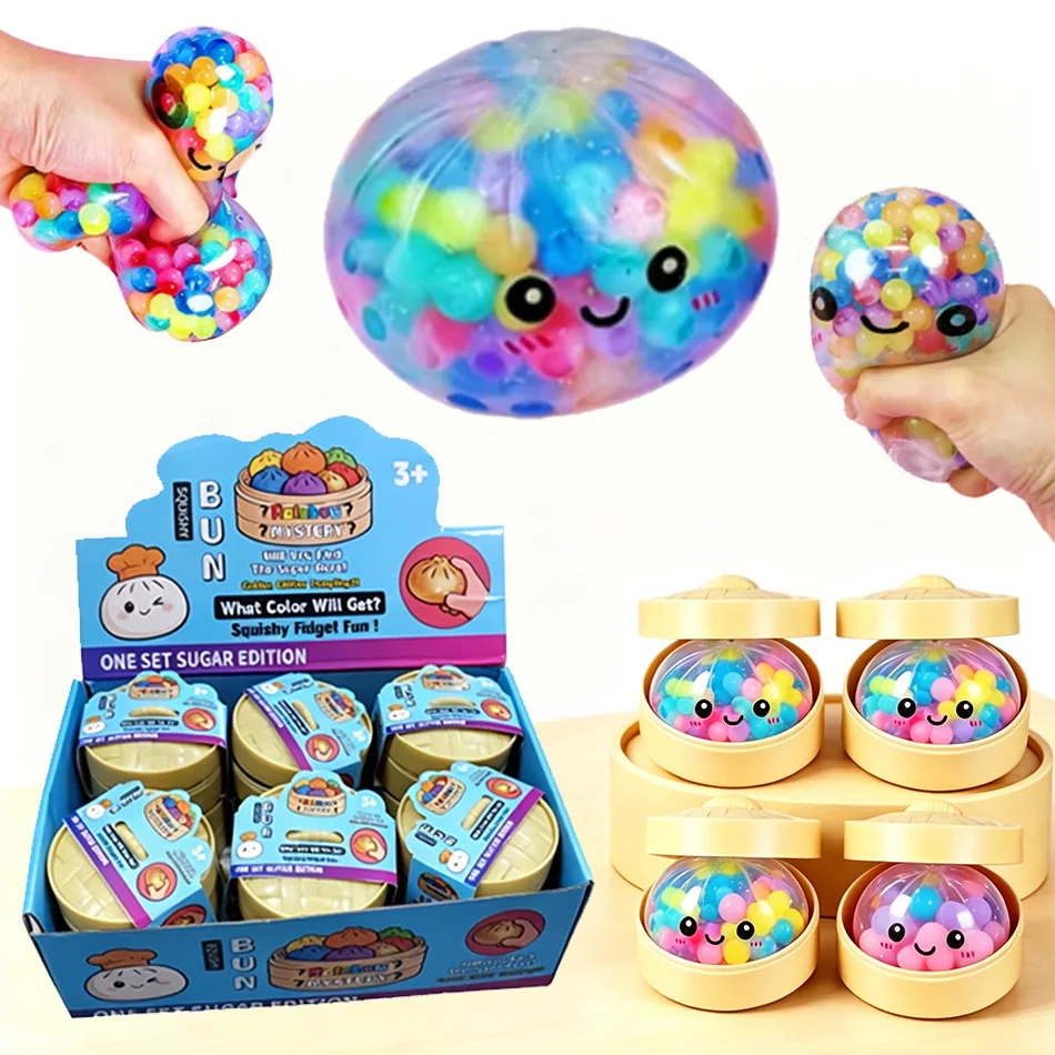 Rainbow Bead Dumpling Squishy Fidget Toy Sugar Edition Colorful Stress Relief Squeeze Toy with Bamboo Steamer Case