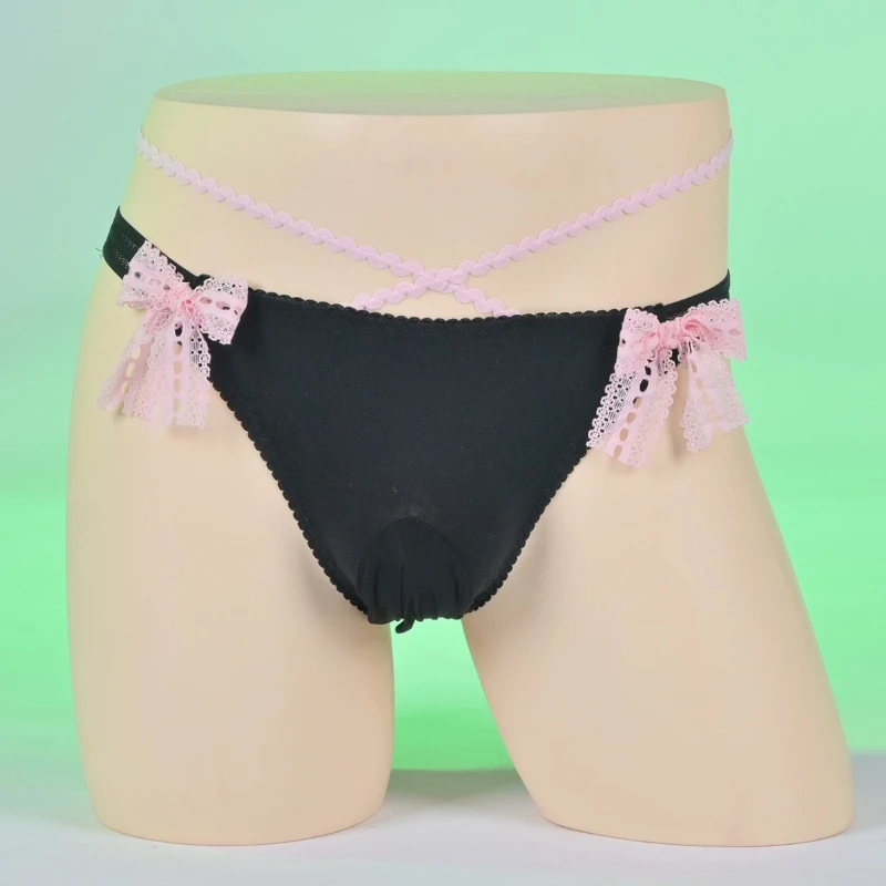 

New Sweet Men Underwear Sissy Panties Silk Smooth Triangle Briefs Lace Bow Japanese Cute Underwears Gay Underpants Thong