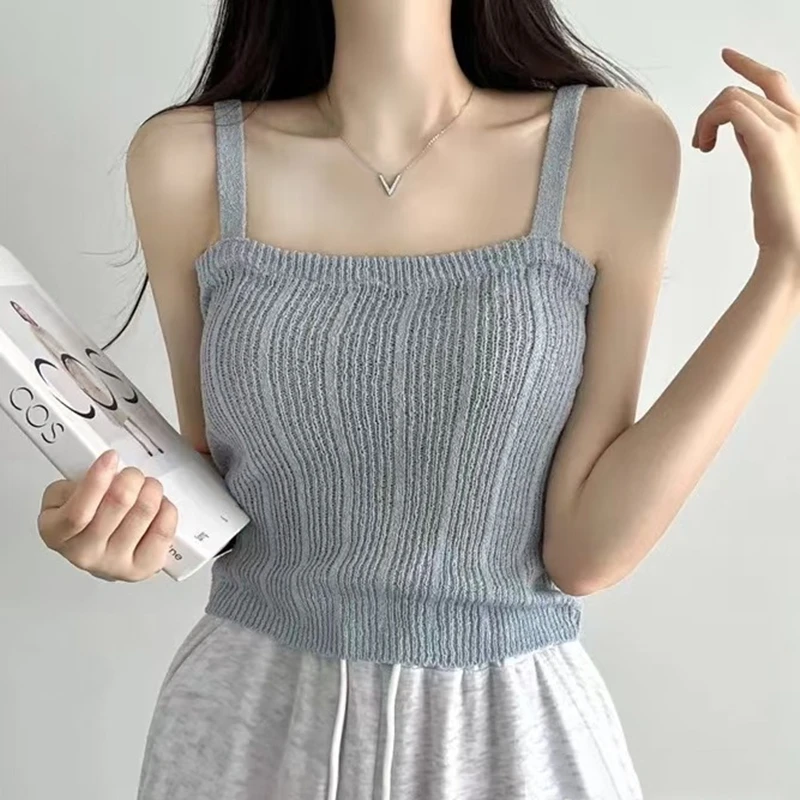 بلوزة كامي محبوكة للنساء المراهقات والفتيات الباستيل بدون أكمام Strappy تانك الأعلى الكورية أزياء الصيف عارضة الزي