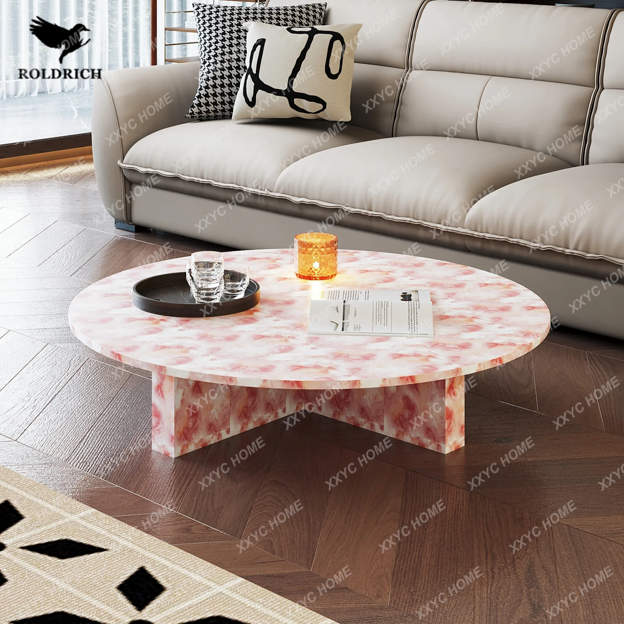 Red travertine round coffee table, living room size apartment type high-end luxury stone light luxury tea table