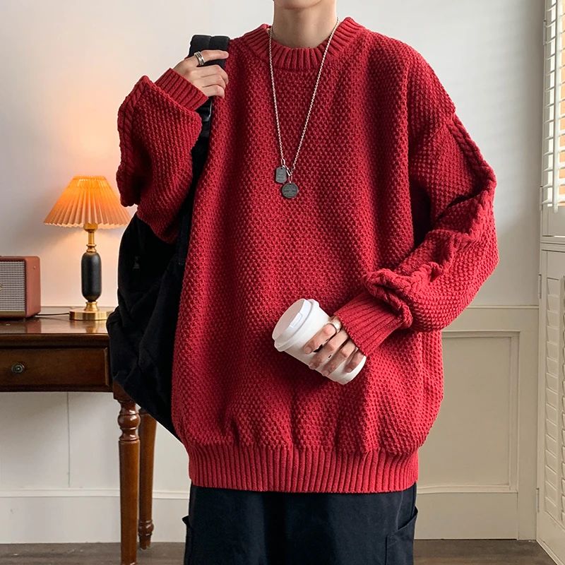 

Red Lazy Sle Men's Knitted Sweater Loose Fit Comfortable Casual Wear Autumn Season Long Sve round Ne Top for Youth