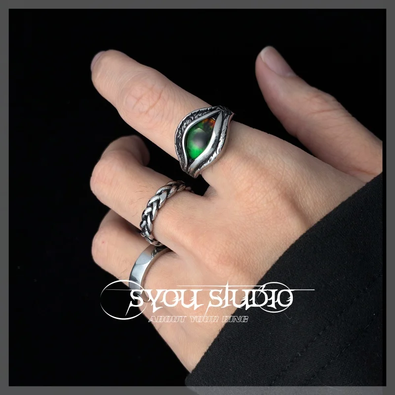 New Oval Green Colour Retro Devil\'s Eye Geometric Stainless Steel Ring Man Punk Rock Neutral Party Women Gift Jewelry Wholesale