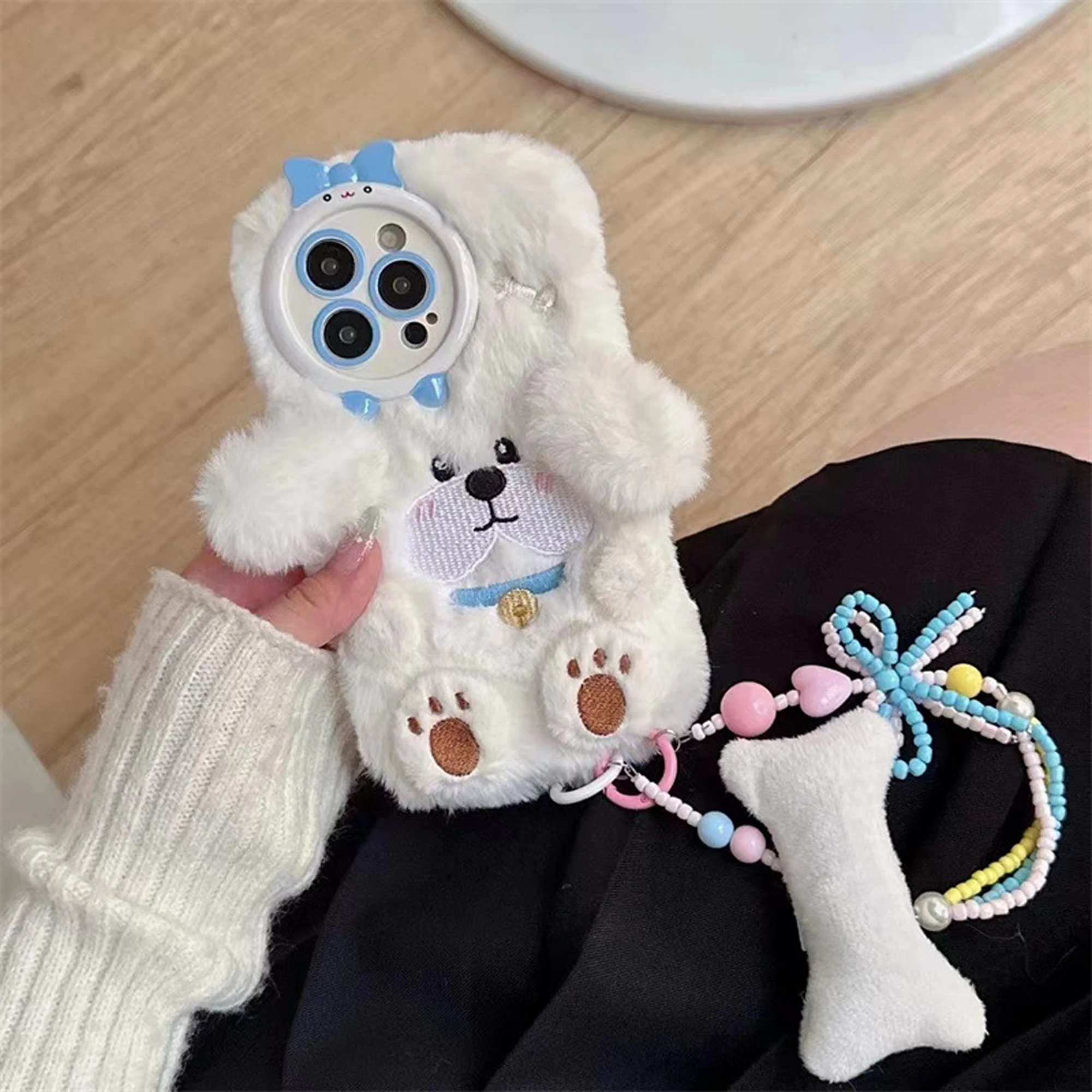 Cute White Puppy Plush Phone Case Fall & Winter Warm Phone Accessories for iPhone 16 15 14 13 12 11 Pro Max