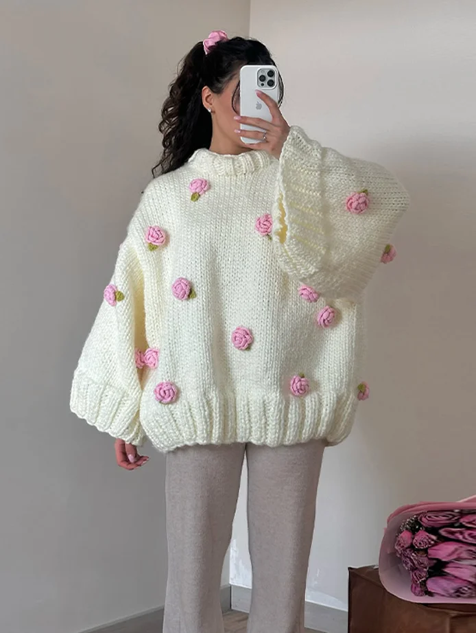 

3d Flower Knitted Sweater Women Casual Long Flare Sleeve O-neck Loose Pollover Female 2025 Spring Fashion Chic Lady Knitwears