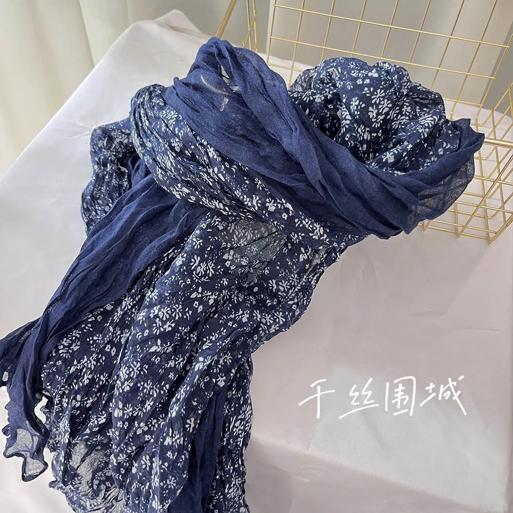 Autumn and Winter New Retro Art Cotton and Hemp Folded Thin Versatile Shawl with Small Fragmented Flower Scarf and Japanese