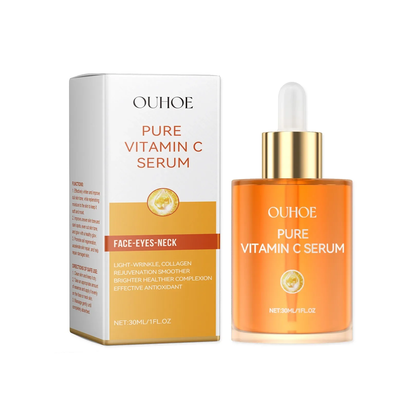 Sérum de Vitamina C OUHOE com Ácido Hialurônico, Sérum Facial Iluminador e Anti-Envelhecimento para Pele Radiante, Hidratada e Firmada