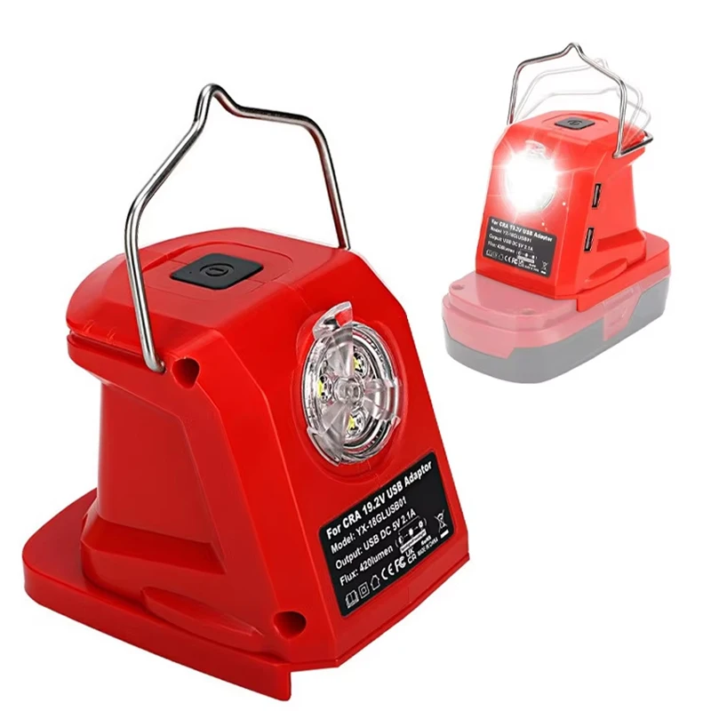 Battery Adapter for Ryobi/Craftsman  – Dual USB Charging, 420LM LED Work Light with Hook, Portable Camping Outdoor Lamp
