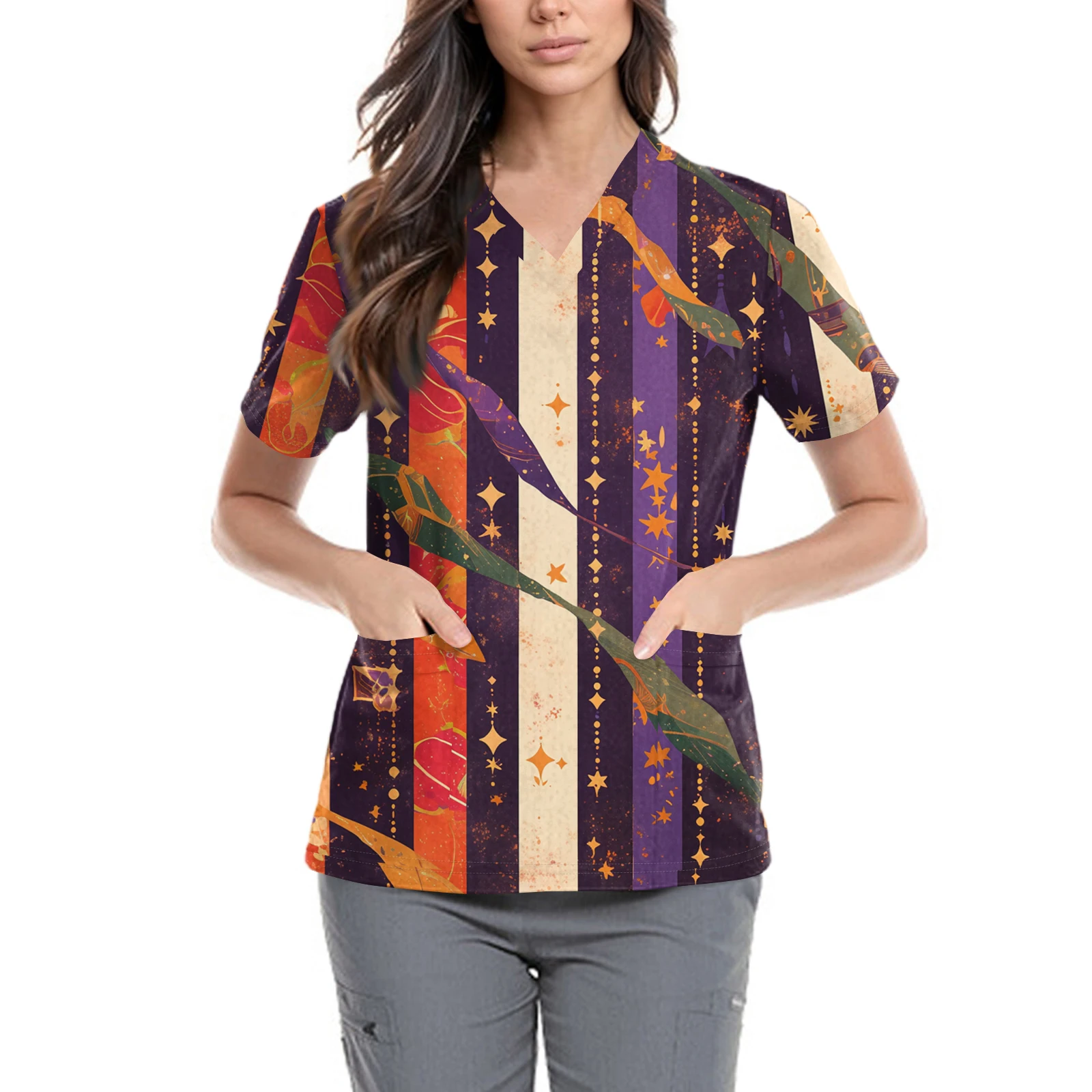 

T-Shirts Basic Women'S Fashion V-Neck Pullover Side Pocket Vents Printed Short-Sleeved Shirt Carnival Wear Tops Versatile Casual