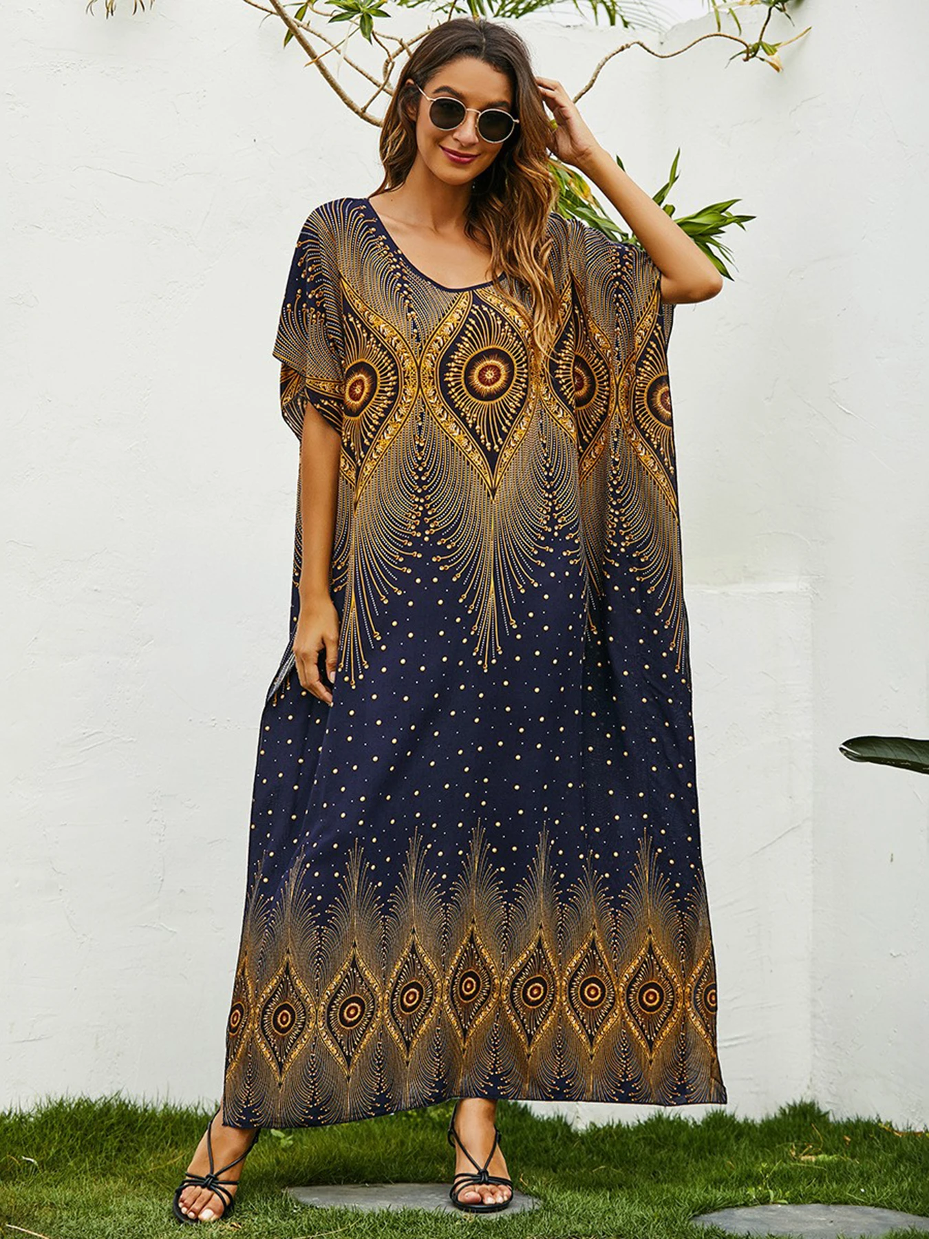 Primavera ed estate Elegante nuovo stile Medio Oriente Abito ampio taglie forti Abito europeo e americano con maniche a pipistrello stampato in stile vacanza al mare pendolarismo