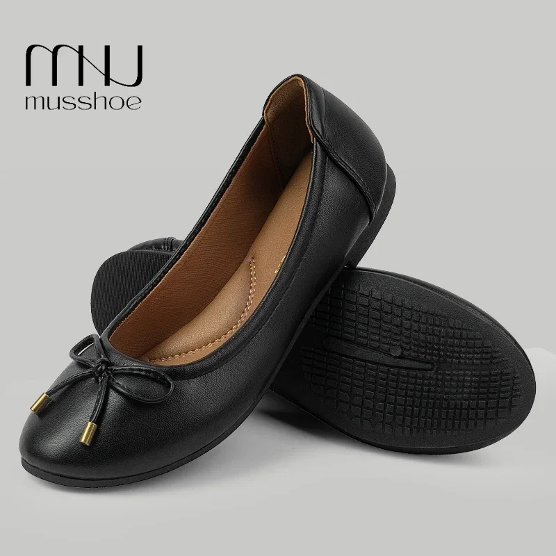 

MUSSHOE Women Ballet Flats Leather Soft Working Shoes Snug Insole Bow-Knot Spring Slip-on Round Toe Wide Fits Shallow Moccasins