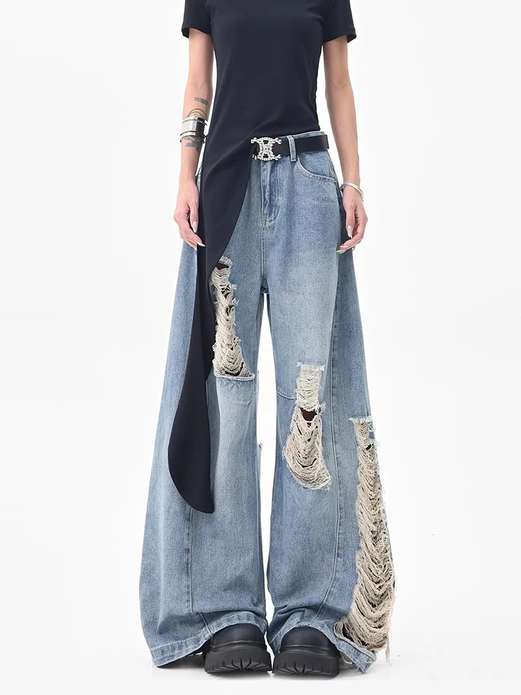 REDDACHiC Street Style Destroyed Baggy Jeans Patchwork Vintage Wash Low Waist Straight Wide Casual Pants Trousers Women Clothes