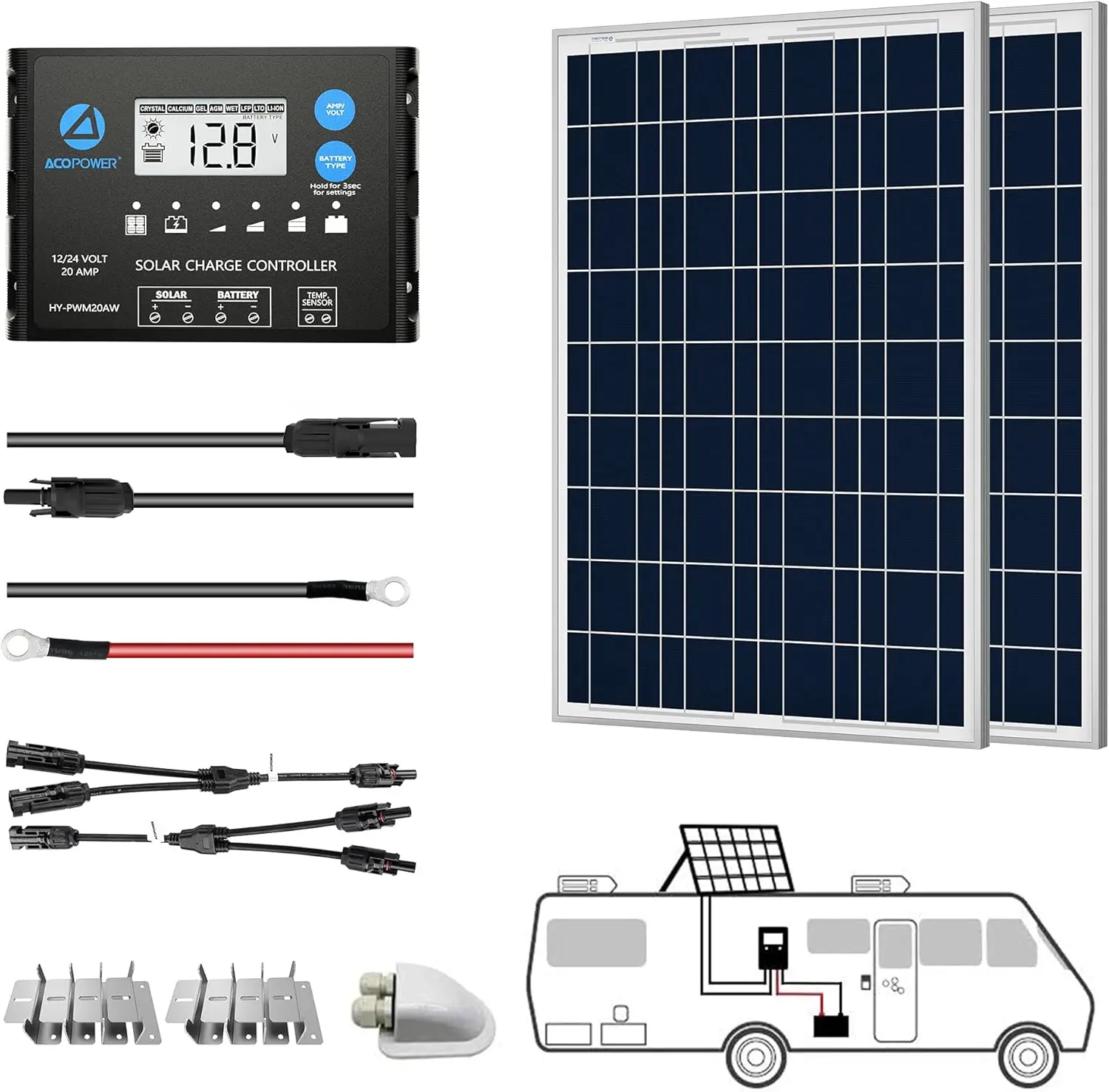 Panel Solar RV Kits with 50A MPPT LCD Charge Controller/Mounting Bra