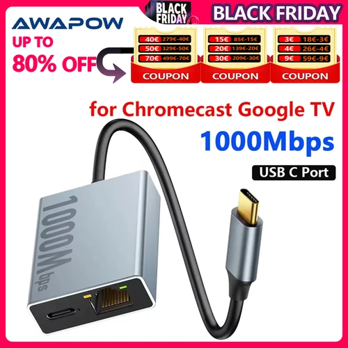 Imagen 1 del producto Adaptador Electop de 1000Mbps USB C a Ethernet para Chromecast con Google TV tipo C a tarjeta de red Ethernet RJ45 para tableta portátil