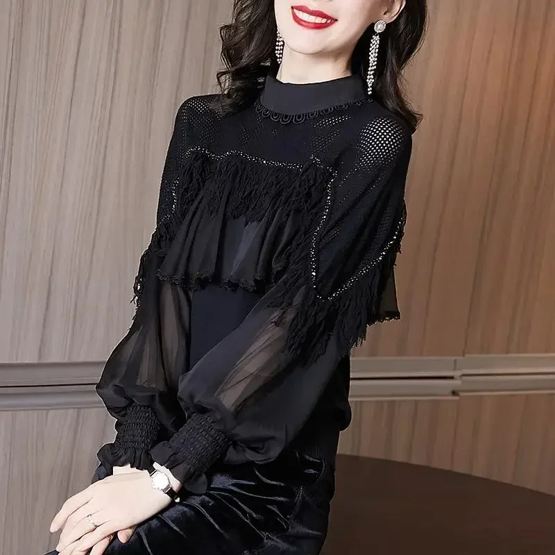 

Elegant Gauze Spliced Beading Tassel Ruffles Blouses Women's Clothing 2024 Spring New Loose Korean Tops Lantern Sleeve Shirts