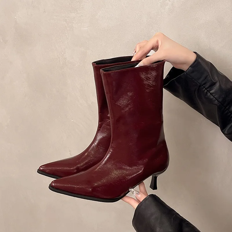 Women's 2025 Large Size Wide Edition Mid-tube Skinny Boots Work Boots High-end Cat Heel Booties