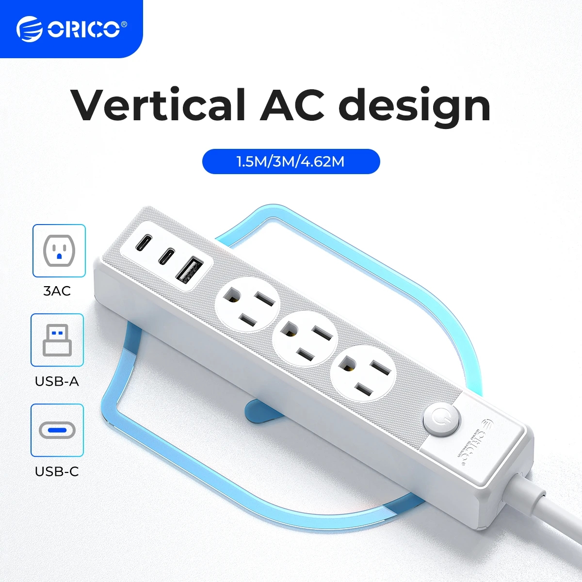 ORICO 6-in-1 USB C Power Strip Flat Plug Extension Cord 3AC 2USB-C QC15.5W Travel Home Office Desk 7-Safety Protections​