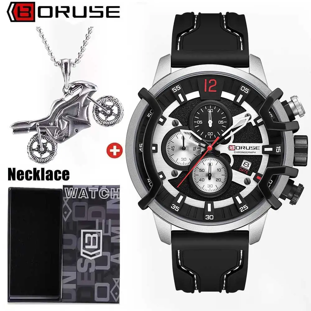 

2Pcs/set BORUSE Fashion Men's Watch Classic Round Dial Silicone Strap Casual Date Mens Quartz Watch and Necklace Set A Good Gift