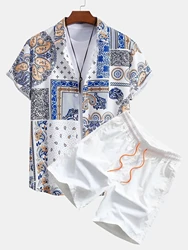 Conjunto de dos piezas con estampado de flamenco Hawaiano para hombre, ropa de calle informal, camisa de manga corta con botones y pantalones cortos de playa, verano, 2024