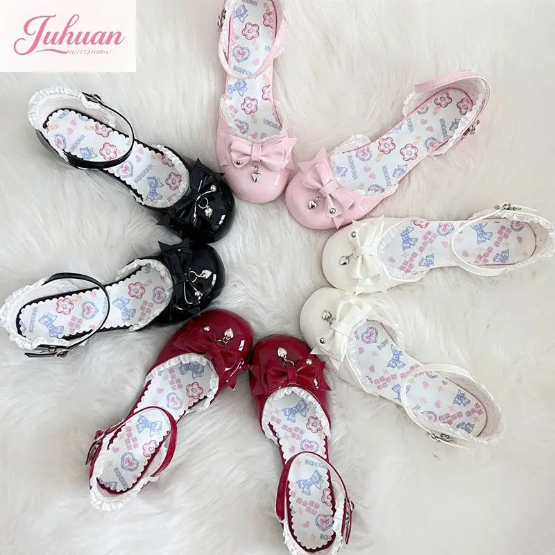 

Лето 2022, японская оригинальная милая женская обувь Lo, сандалии с оборками в стиле Лолиты и бантом Love, студенческая обувь на низком каблуке с полой сумкой и головкой